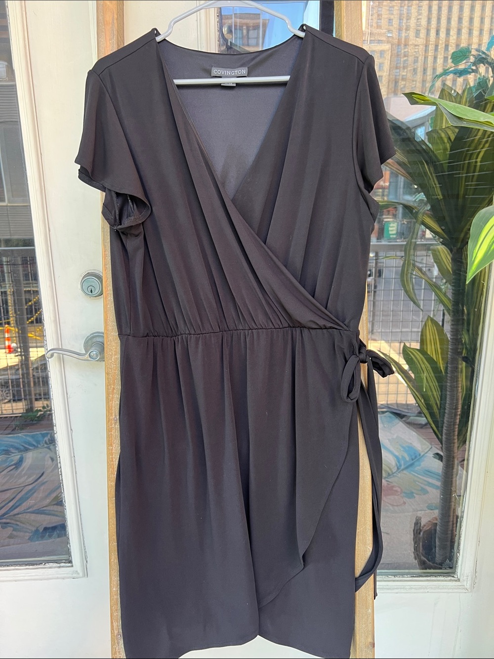 Covington Black Wrap-Front Short Dress with Side Tie Detail